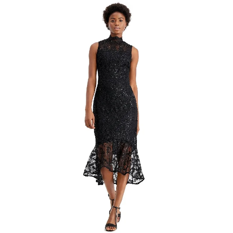 Casual Dresses for Tribal-Women's Casual Print Dresses-Calvin Klein Women's Sequin Lace High-Low Sheath Dress Black Size 2