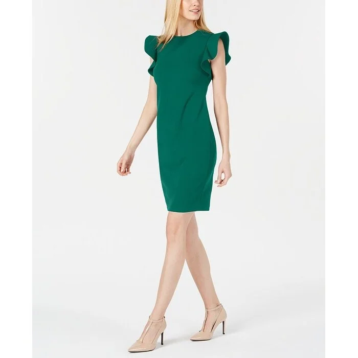 Casual Dresses for Flowy-Women's Casual Floral Dresses-Calvin Klein Women's Stitched-Ruffle Sheath Dress Green Size 6