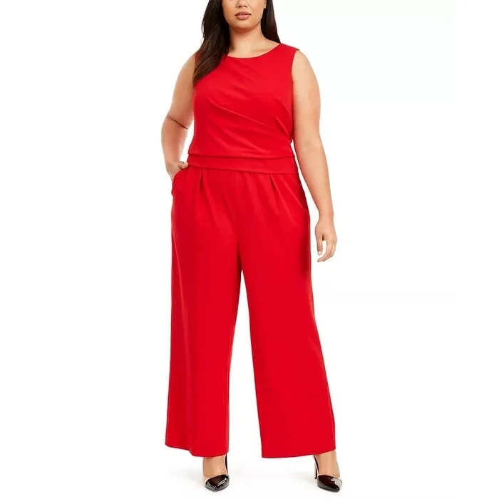 Casual Dresses with Sleeves-Women's Casual Semi-Formal Dresses-Calvin Klein Women's Wide Leg Jumpsuit Medium Red Size Petite Small - Petite Small