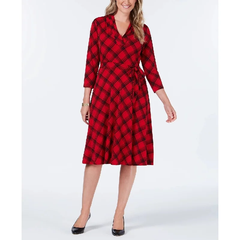 Casual Dresses for Casual Run-Women's Casual Semi-Formal Dresses-Charter Club Women's Plaid V Neck Dress Red Size Large