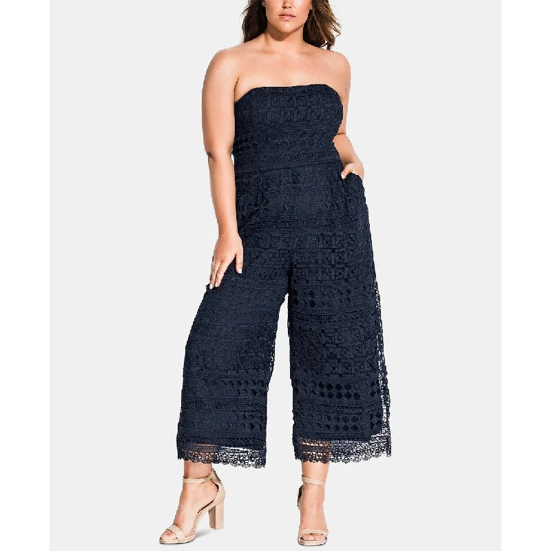 Casual Dresses for Outdoor Fun-Women's Casual Shopping Dresses-City Chic Women's Crochet Strapless Jumpsuit Size Dark Blue Size PS - 16