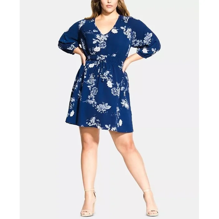 Casual Dresses for Floral Print-Women's Casual Off-Shoulder Dresses-City Chic Women's Plus Floral Print Drawstring Waist Dress Medium Blue Size 18W