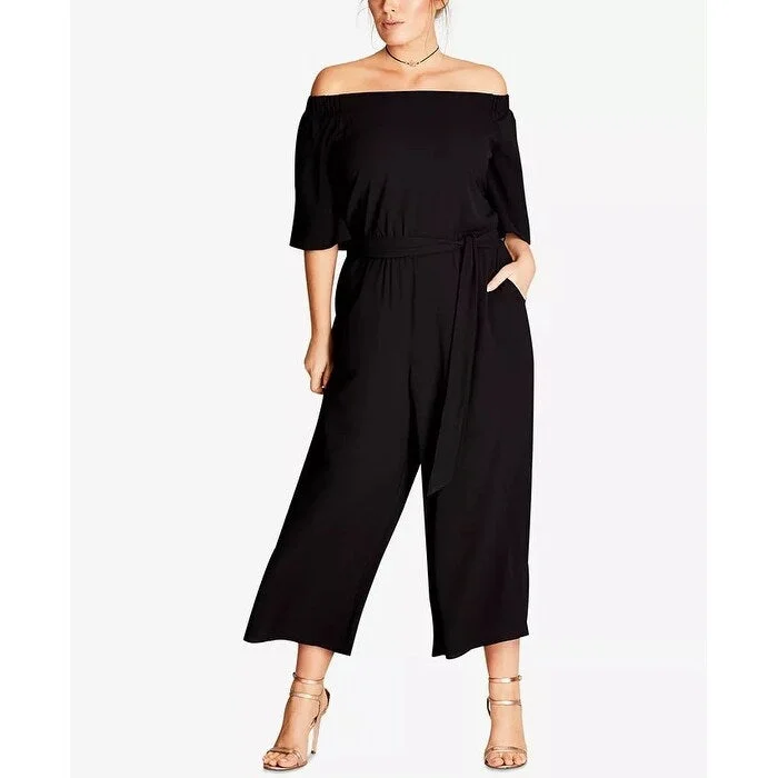 Casual Dresses for Tiger-Women's Casual Modern Dresses-City Chic Women's Plus Off The Shoulder Jumpsuit Black Size Petite Small