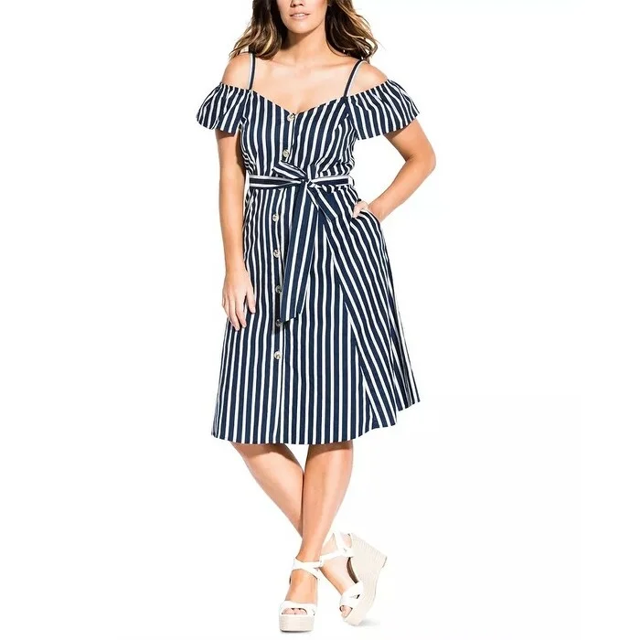 Casual Dresses for Relaxed Fit-Women's Casual Fit-and-Flare Dresses-City Chic Women's Stripe Affair Cold Shoulder Dress Blue Size 20W