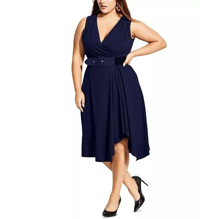 Casual Dresses for Keepsake-Women's Casual Shopping Dresses-City Chic Women's Trendy Plus V Neck Faux Wrap Dress Blue Size 24W