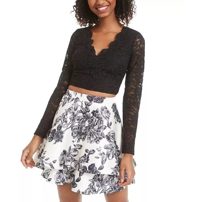 Casual Dresses for Flight-Women's Casual Mini Dresses-City Studios Junior's 2 Pc Lace & Floral Print Dress Black Size 1