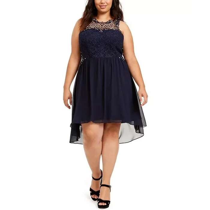 Casual Dresses without Belt-Women's Casual A-Line Dresses-City Studios Junior's Plus High Low Dress Navy Size Petite Small - Petite Small