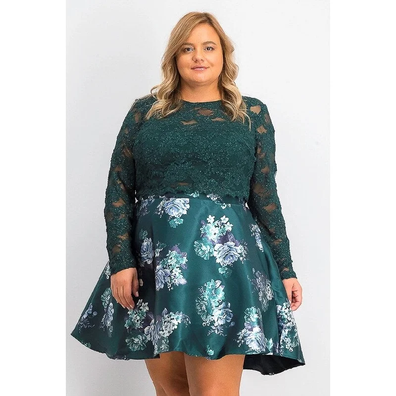 Casual Dresses for Kids Playdate-Women's Casual Shirt Floral Dresses-City Studios Women's Trendy Plus Size 2-Pc. Lace & Floral-Print Dress Dark Green Size 16W - 16