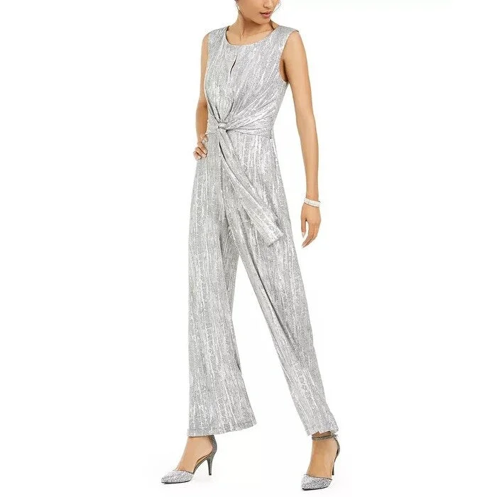 Casual Dresses for Sundress-Women's Casual High-Low Dresses-Connected Women's Keyhole Tie-Waist Jumpsuit Silver Size 10