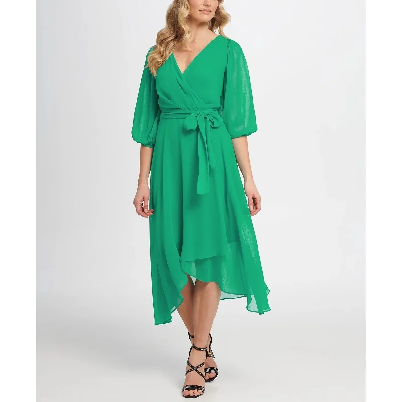 Casual Dresses for Packable-Women's Casual Midi Print Dresses-DKNY Women's Balloon Sleeve V-Neck Wrap Dress Green Size 16