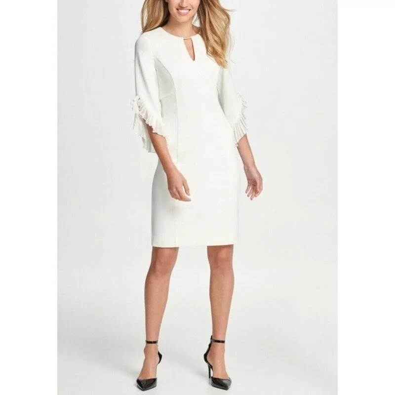 Casual Dresses for Fitted-Women's Casual Flowy Dresses-DKNY Women's Keyhole Neck Chiffon Tulip Sleeve Sheath Dress Ivory Size 2