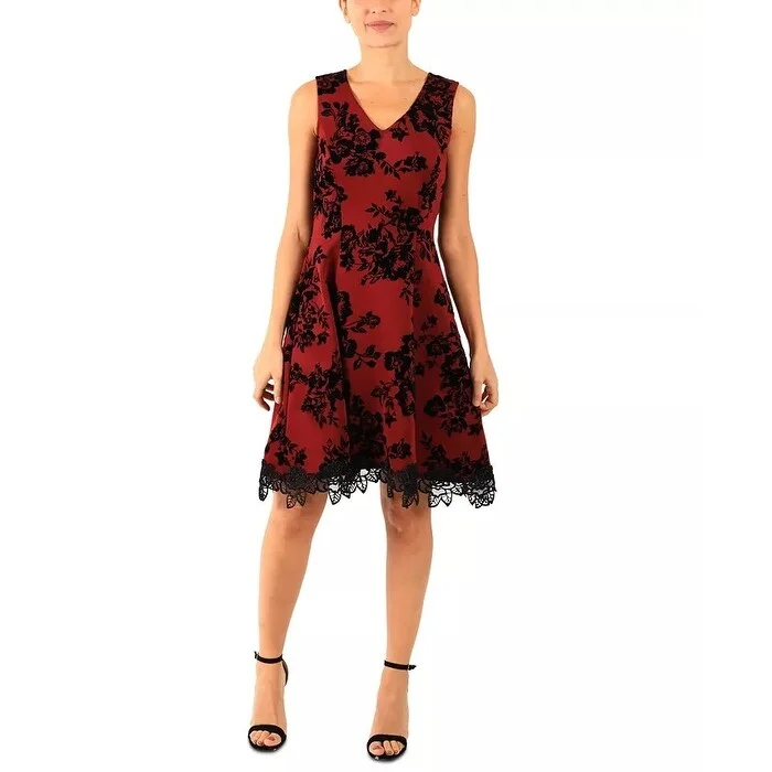 Casual Dresses for Night Out-Women's Casual Sundress Floral Dresses-Donna Ricco Women's Floral Flocked Scuba Crepe Dress Red Size 8