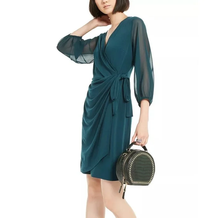 Casual Dresses for Anniversary-Women's Casual Concert Dresses-INC International Concepts Women's Balloon-Sleeve Wrap Dress Med Green Size X-Large