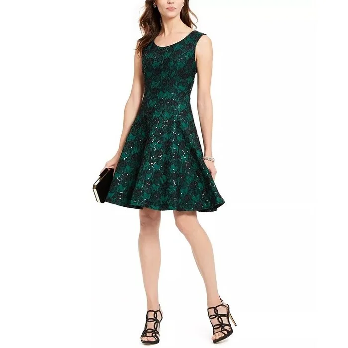 Casual Dresses for Necklace-Women's Casual Home Dresses-INC International Concepts Women's Sequined Lace Dress Green Size 6