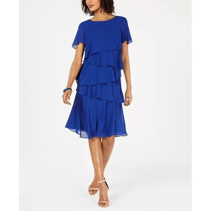 Casual Dresses for Special-Women's Casual Glitter Dresses-Jessica Howard Women's Petite Tiered-Chiffon Dress Bright Blue Size 8 P - 8P