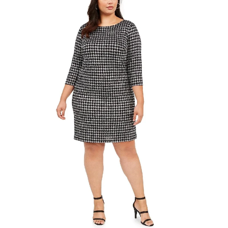 Casual Dresses for Reunion-Women's Casual Comfortable Dresses-Jessica Howard Women's Plus Houndstooth Sparkle Shift Dress Silver Size 22W