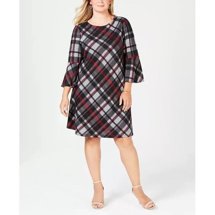 Casual Dresses for Minimalist-Women's Casual Lace Dresses-Jessica Howard Women's Plus Plaid Bell Sleeve Dress Charcoal Size 1X