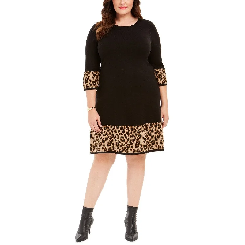 Casual Dresses for Museum-Women's Casual Park Floral Dresses-Jessica Howard Women's Plus Size Solid & Animal-Print Sweater Dress Black Size 2 Extra Large