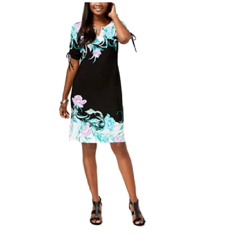 Casual Dresses for Stroll-Women's Casual Shift Dresses-JM Collection Women's Printed Ruched-Sleeve Dress Black Size Large