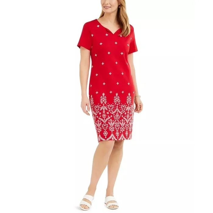 Casual Dresses for Cafe-Women's Casual Strapless Dresses-Karen Scott Women's Embroidered Split Neck Dress Red Size Medium