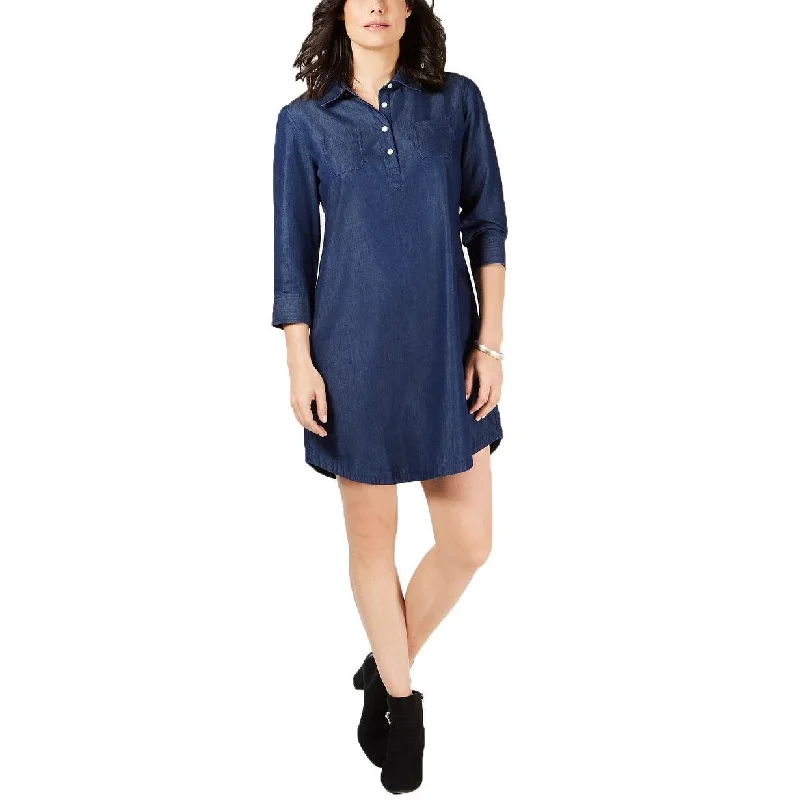 Casual Dresses for Family Day-Women's Casual Shirt Dresses-Karen Scott Women's Petite Contrast-Trim Cotton Shirtdress Navy Size Large