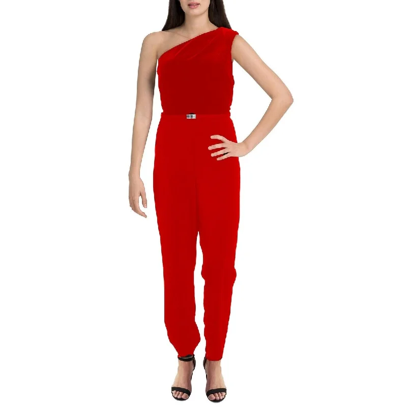 Casual Dresses for Foodie-Women's Casual Spaghetti Strap Dresses-Lauren Ralph Lauren Womens Peria Velvet One Shoulder Jumpsuit Red Size 18