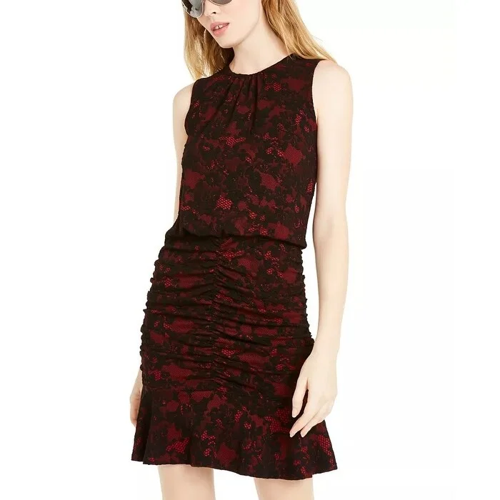 Casual Dresses for Club-Women's Casual Sundress Print Dresses-Michael Kors Women's Glam Lace Shirred Dress Red Size Medium