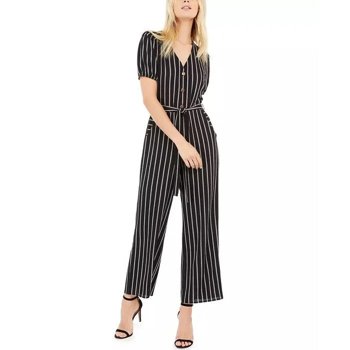 Casual Dresses for Vegan-Women's Casual Ruched Dresses-Monteau Women's Petite Button Front Striped Jumpsuit Black Size X-Large