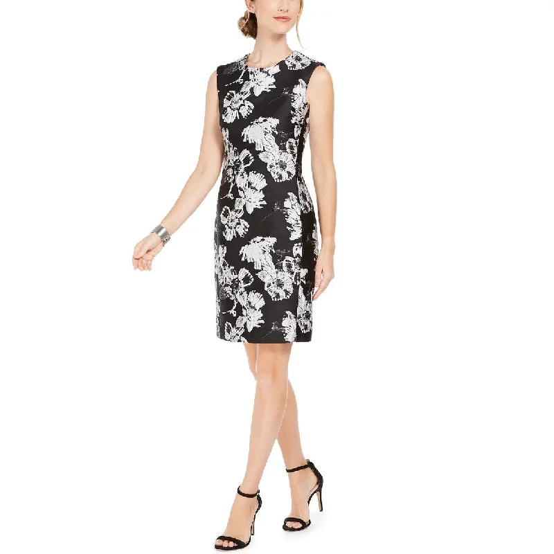 Casual Dresses for Shopping-Women's Casual Brunch Dresses-N Natori Women's Floral-Print Jacquard Sheath Dress Black Size 10