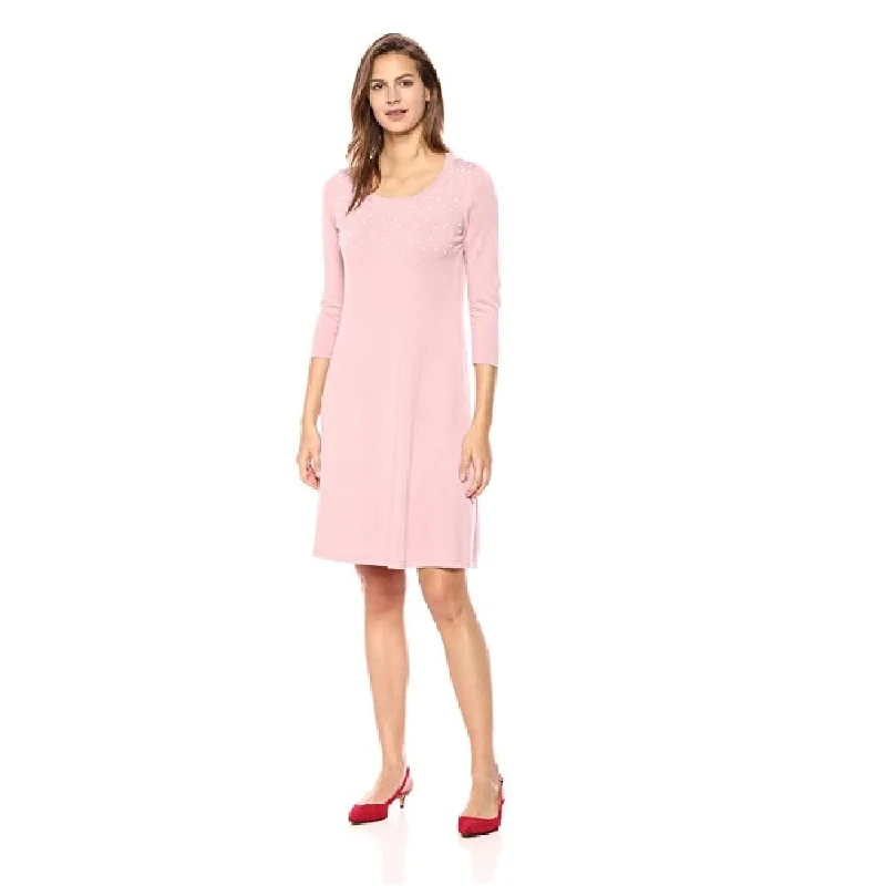 Casual Dresses for Remote Work-Women's Casual Wrap Solid Color Dresses-Nine West Women's 3/4 Sleeve Sweater Dress with Pearl Details Size Extra Large - Pink - X-Large