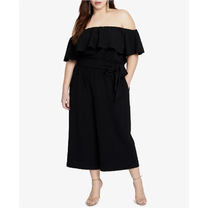 Casual Dresses for Park Day-Women's Casual Shirt Solid Color Dresses-Rachel Roy Women's Trendy Off-The-Shoulder Jumpsuit Black Size 16