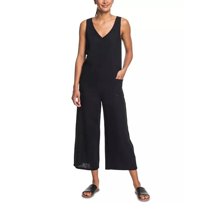 Casual Dresses for Traditional-Women's Casual Puff Sleeve Dresses-Roxy Juniors' Solid Jumpsuit Black Dress Size Small