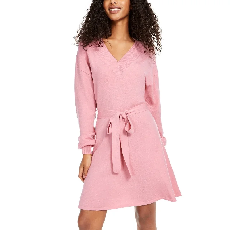 Casual Dresses for Valentine-Women's Casual Date Solid Color Dresses-Sequin Hearts Juniors' Tie-Waist Sweater Dress Pink Size Medium