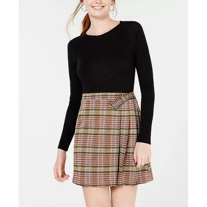 Casual Dresses for Mountain-Women's Casual Park Solid Color Dresses-Teeze Me Junior's Knit Top & Plaid Skirt Dress Black Size 5