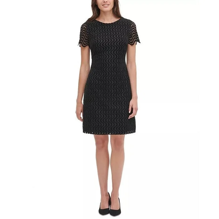 Casual Dresses for Name-Women's Casual Shirt Dresses-Tommy Hilfiger Women's Fleece Lace Shift Dress Black Size 10