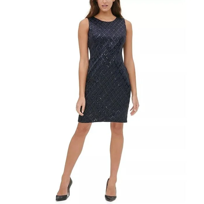 Casual Dresses Fashion-Women's Casual Tunic Dresses-Tommy Hilfiger Women's Sequin Scuba Sheath Dress Blue Size 18