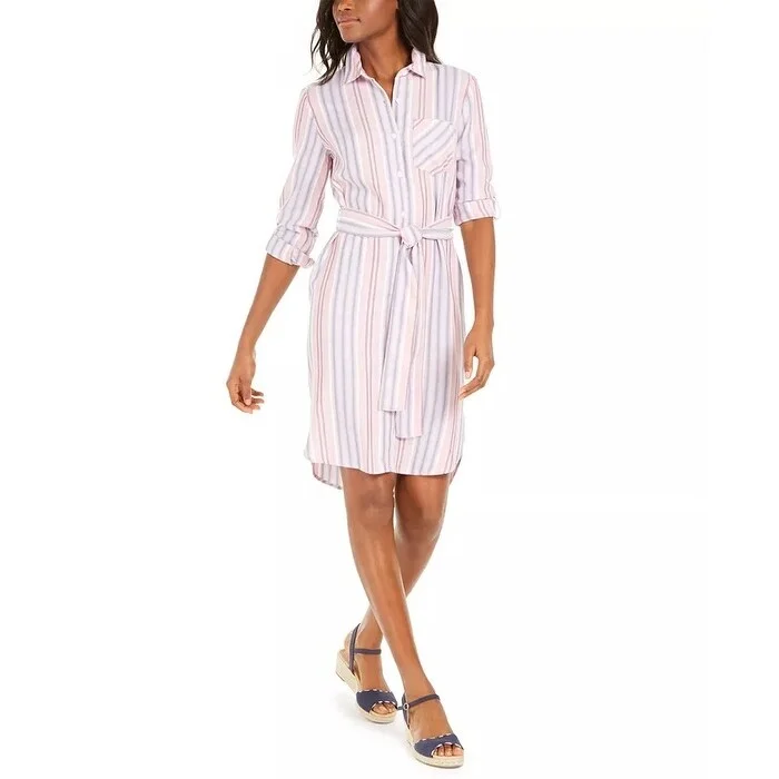 Casual Dresses for Spring Outing-Women's Casual Swing Floral Dresses-Tommy Hilfiger Women's Striped Shirtdress Pink Size 6