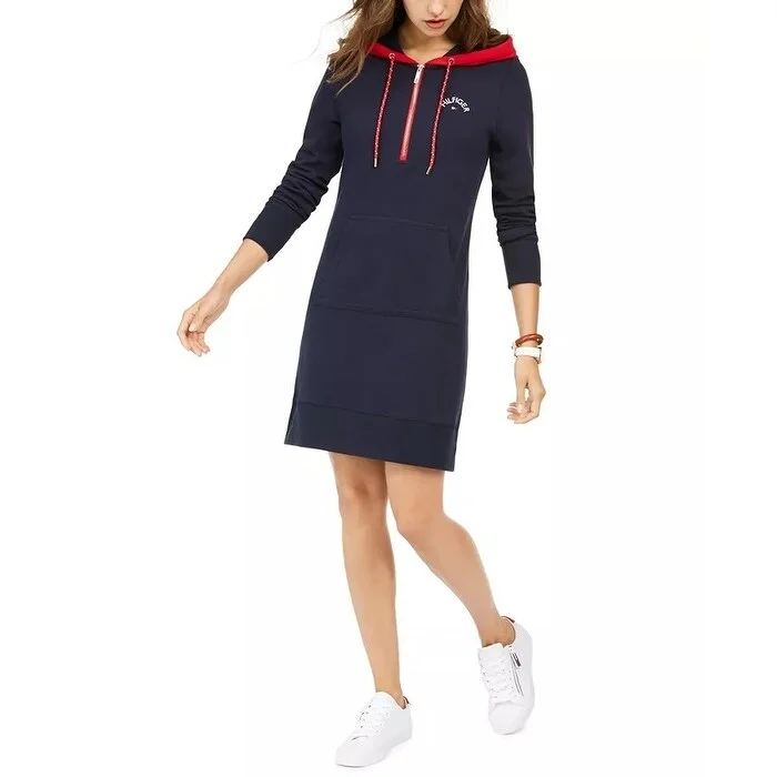 Casual Dresses for Storybook-Women's Casual Midi Solid Color Dresses-Tommy Hilfiger Women's Zip-Front Hoodie Dress Navy Size Large