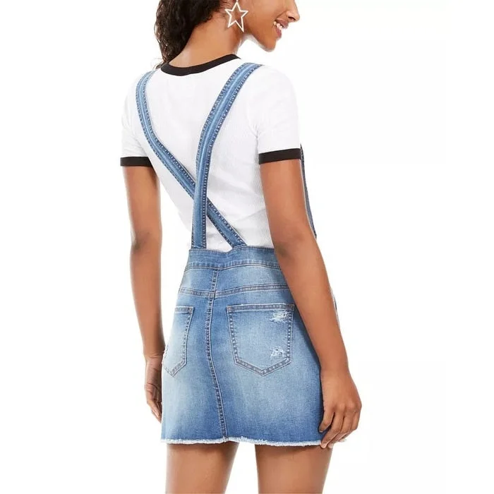 Casual Dresses for Scooter-Women's Casual Modern Dresses-Vanilla Star Juniors' Frayed-Hem Overalls Dress Blue Size 15