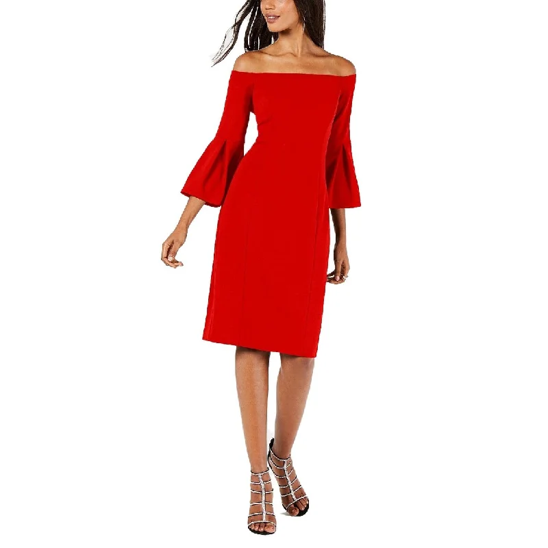 Knit Casual Dresses-Women's Casual Resort Print Dresses-Vince Camuto Women's Off-The-Shoulder Bell-Sleeve Dress Red Size 16