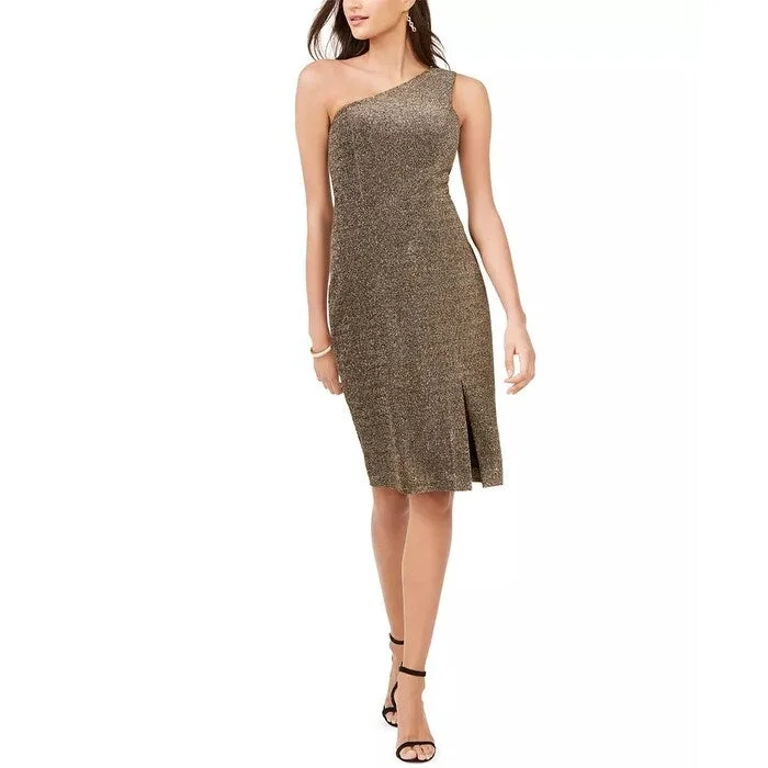 Casual Dresses for Hidden Gem-Women's Casual Henley Dresses-Vince Camuto Women's One Shoulder Glitter Knit Dress Gold Size 14