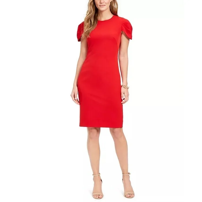 Casual Dresses for Pastel-Women's Casual Midi Beach Dresses-Vince Camuto Women's Pleat Cap Sleeve Crepe Sheath Dress Red Size 6