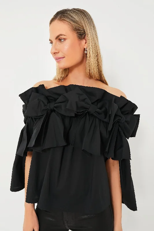 Blouses & Shirts for Bloggers -  Women's Henley Blouses-Black Bows Off the Shoulder Linden Blouse