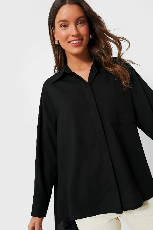 Blouses & Shirts for Office -  Women's Balloon Sleeve Blouses-Black Crepe Cape Button Down