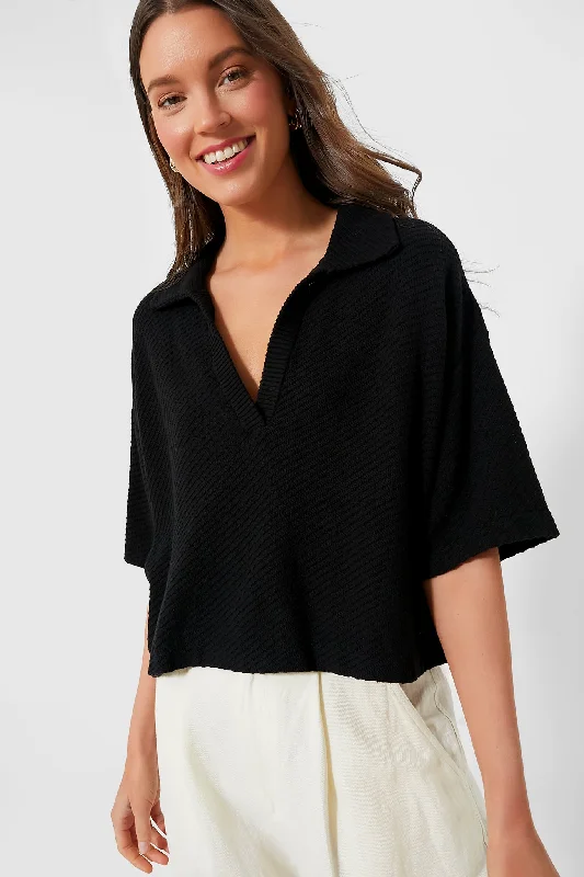 Blouses & Shirts for Entrepreneurs -  Women's Cap Sleeve Blouses-Black Pointelle Knit Gia Polo