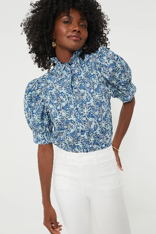 Blouses & Shirts for Music Festivals -  Women's Keyhole Shirts-Blue Vines Louisa Blouse