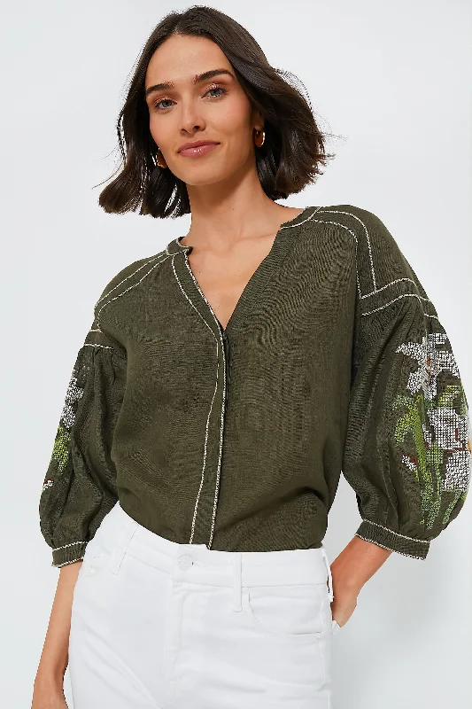 Blouses & Shirts for Tall Women -  Women's Cropped Blouses-Green Lilies Blouse