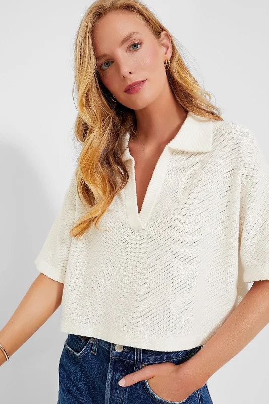 Blouses & Shirts for Business -  Women's Button-Up Shirts-Ivory Pointelle Knit Gia Polo