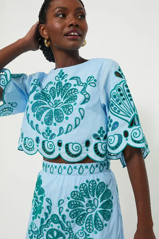 Blouses & Shirts for Fall -  Women's Bell Sleeve Shirts-Light Blue and Green Richelieu Crop Top