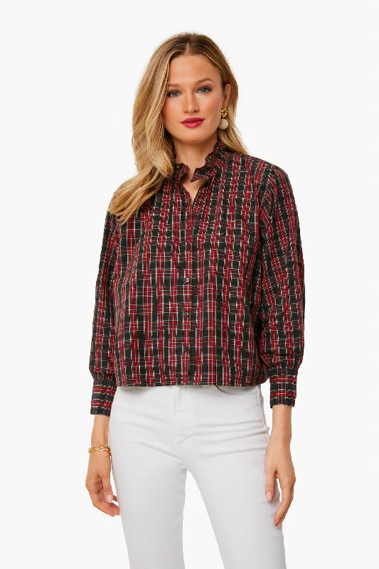 Blouses & Shirts for Minimalist Style -  Women's Cold Shoulder Tops-Loghouse Plaid Venetian Button Up